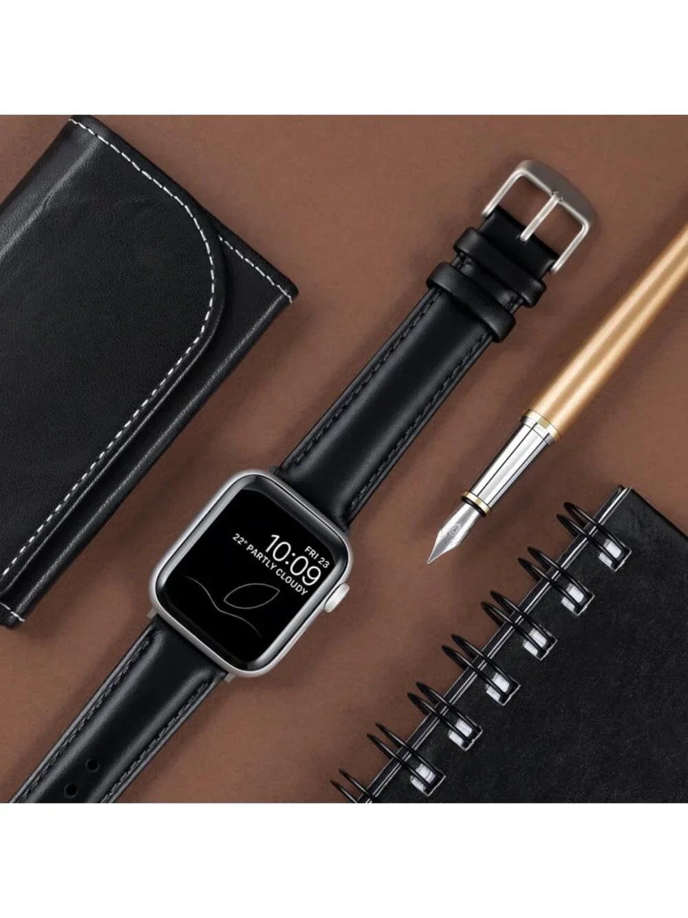 Men's Black/Matched Thread, Matte Silver Hardware Leather Straps Apple Watch